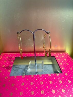 Gold Hoop Earrings with Pink Flower Charms